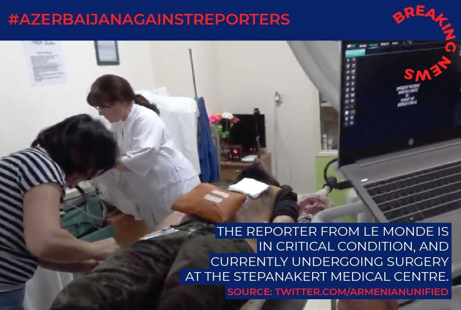 Robbie_Raul's tweet photo. The Reporter from Le Monde is in critical condition, and currently undergoing surgery at the #Stepanakert medical center.

#Lemonde #ArtsakhStrong #StopAzerbaijaniAggression #France https://t.co/U1NdU5T2Qn