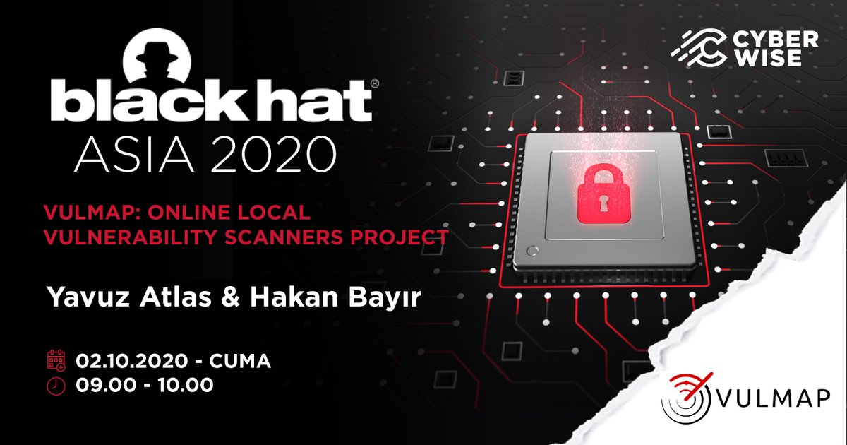 Cyberwise_TR's tweet photo. Fahri #Cyberwiser'larımızdan @yavuzatlas_ ve #Cyberwise Güvenlik Testleri Uzmanı @lrtxtrl, Black Hat Asia 2020 - Arsenal oturumunda geliştirdikleri "VULMAP" projesini tanıtacaklar!

Kayıt için: https://t.co/JaJwRS8AbE

🗓️02.10.2020 - Cuma
⏰ 09.00 - 10.00

#BHASIA #BlackHat https://t.co/c9VgzVZtn4