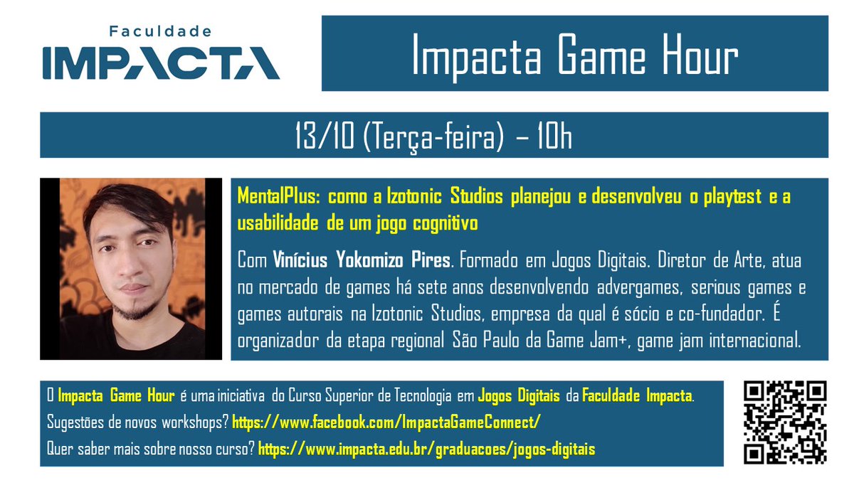 alancarvalho's tweet photo. Quer aprender mais sobre usabilidade e playtest com um case real? Esteja conosco no próximo dia 13/10 em mais uma edição do Impacta Game Hour, dessa vez com a presença de Vinícius Yokomizo Pires.
#faculdadeimpacta #impactagamehour #jogosimpacta
https://t.co/yA1AgP4nRL https://t.co/uvfwOU2u0I