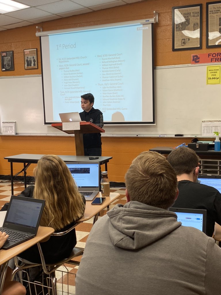 JessicaAlberson's tweet photo. Students did a great job with presenting speeches and answering questions for “General Court” today. What a creative, exciting teaching strategy in U.S. History (dual enrollment) this morning! 🧡💙🧡💙 @BlakeWJones @DCcougarnation https://t.co/IdhZLM2Tyt