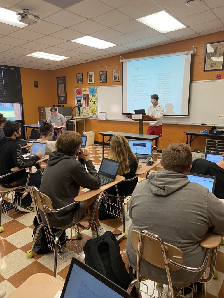 JessicaAlberson's tweet photo. Students did a great job with presenting speeches and answering questions for “General Court” today. What a creative, exciting teaching strategy in U.S. History (dual enrollment) this morning! 🧡💙🧡💙 @BlakeWJones @DCcougarnation https://t.co/IdhZLM2Tyt
