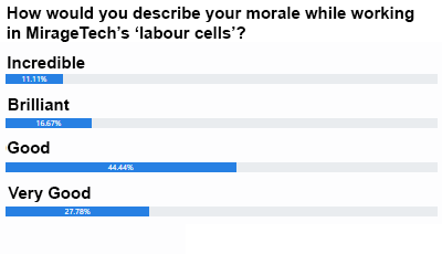 ChrisBernetTech's tweet image. Remarkable to see how high the morale of #MirageTech employees is in our recent employee survey. Very proud.