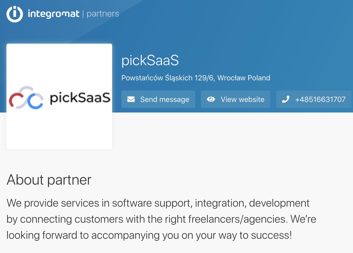 SoftwareSupp (@softwaresupp) on Twitter photo We're happy to announce that pickSaaS is now an official <a href="/integromat/">Integromat</a> partner, so we're here to offer support in any Integromat #Integration issues through our services and ticketing system.
As always, estimating your project and submitting your fist support tickets is free. We're happy to announce that pickSaaS is now an official <a href="/integromat/">Integromat</a> partner, so we're here to offer support in any Integromat #Integration issues through our services and ticketing system.
As always, estimating your project and submitting your fist support tickets is free.