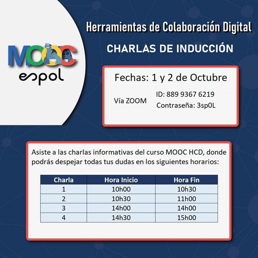 mooc_espol's tweet photo. ¿Estas inscrito en el curso #MOOCHCD?👨‍💻
Asiste a nuestras charlas de Inducción y conoce todos los detalles!! 🤓💻📱
@espol 
@cparedesverduga
@paherrera1975 
@JoseAsencioEc 
@Kchiluig 
@OtiliaAlejandro https://t.co/thdYaqlMga