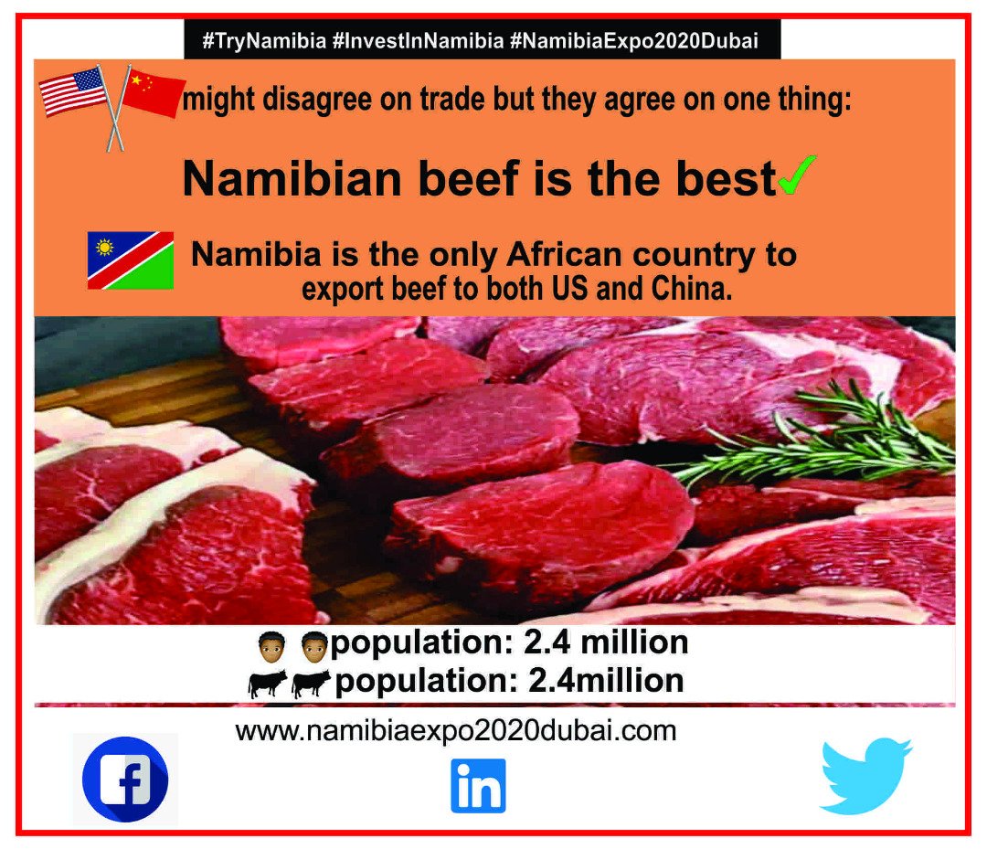 *5000 tonnes to the US by 2025
*973 000 tonnes to China in 2020
*46 meat processing plants around the world halted exports to China due to COVID-19 outbreak, except Namibia
<a href="/Meatco_Namibia/">Meatco Namibia</a> @expo2020dubai #Namibia  #trynamibia #expo2020 #investinnamibia