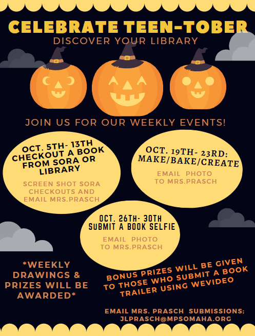 MSouthLibrary's tweet photo. It's TeenTober Month! We are celebrating all month long-our teens and our library services! Enter for prize drawings. #ourlibraryrocks #teentober #discoveryourlibrary @yalsa @MSHSactivities @m_south_hs https://t.co/FEFfHhdBXj