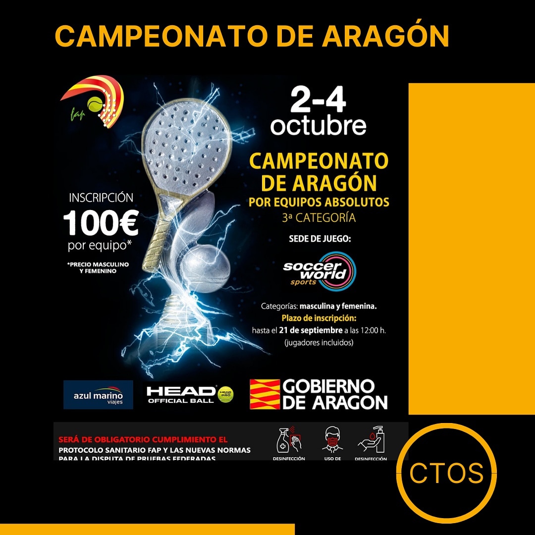 CAMPEONATO DE ARAGÓN POR EQUIPOS ABSOLUTOS DE 3ª CATEGORÍA.
FECHA: 02 – 04 de octubre de 2.020 
SEDES DE JUEGO:
Categoría masculina: Soccerworld Zaragoza.
Categoría femenina: Montecanal CD.

@SoccerZaragoza
<a href="/MontecanalCD/">Montecanal CD</a> 
<a href="/azulmarinoviaje/">Azulmarino</a> 
<a href="/GobAragon/">Gobierno de Aragón</a> 
<a href="/HEAD_PADEL/">HEAD PADEL</a>