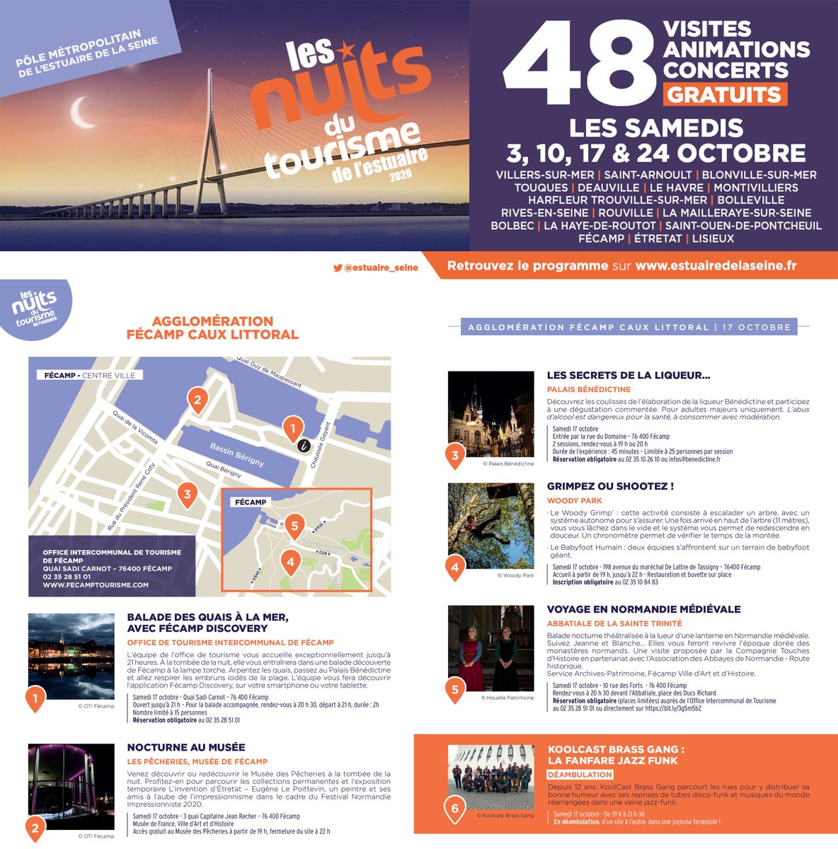 Ce week-end débuteront les Nuits du Tourisme de l'Estuaire 2020 ! 🌙

RDV le samedi 17 octobre à Fécamp ! Une balade en bord de mer, une nocturne au <a href="/museedefecamp/">Les Pêcheries</a>, une visite du palais Bénédictine, une ascension au <a href="/woodypark/">Woody Park</a> ou encore un concert 🥳

#NuitsduTourisme #Fécamp