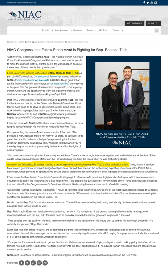 2) @ethanazad is a staff member of Rep. Tlaib’s office & handles a "broad legislative portfolio, helping Tlaib’s office on foreign affairs… and government oversight."