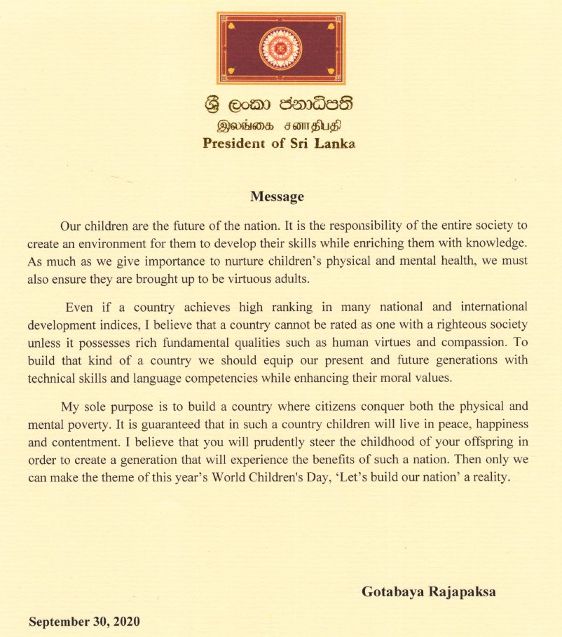 SLHCinLondon's tweet photo. Message of H.E. Gotabaya Rajapaksa, President of #SriLanka on the #WorldChildrensDay https://t.co/wdJRK2zW9R