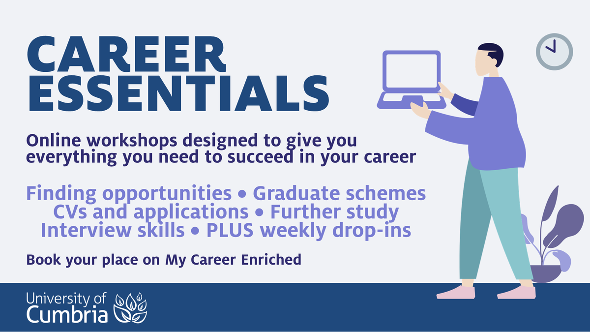 Book your place on one of our NEW 'Career Essentials' online workshops, designed to give you the tools you need to succeed in your #career. 
Book on #MyCareerEnriched at ow.ly/XbNC50BxWi6 
<a href="/CumbriaUni/">University of Cumbria</a> @UoCInfoServ <a href="/CumbriaSU/">Cumbria SU</a>
