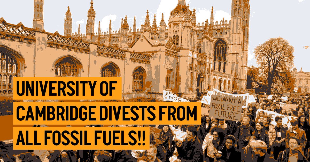 🎉AMAZING NEWS🎉 The <a href="/Cambridge_Uni/">Cambridge University</a> divests from ALL fossil fuels!!! 
Vice Chancellor Stephen Toope announced the decision to divest their £3.5bn portfolio this morning, during his annual address to the university.

#fossilfree #climateaction #divestnow