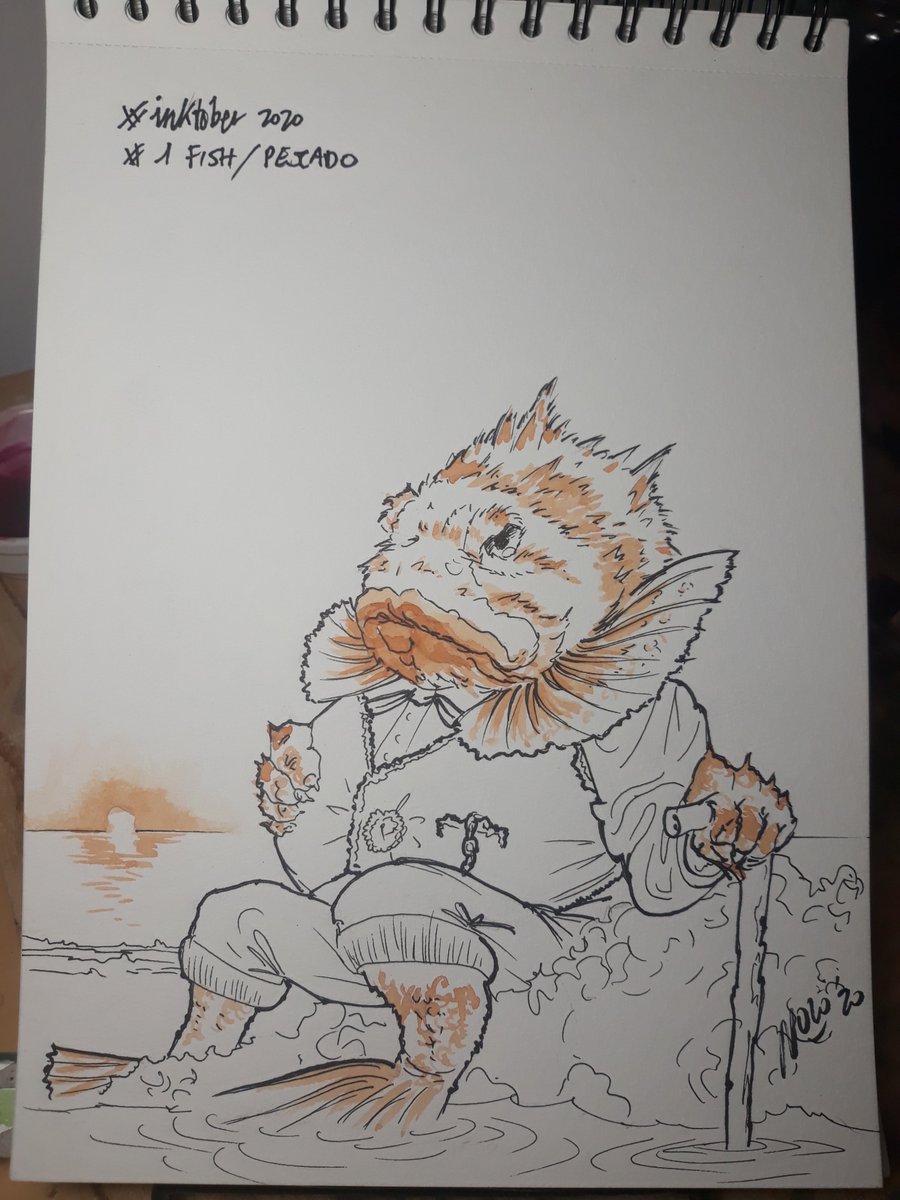 MeloninManson's tweet photo. Llega octubre y con él, #inktober2020. Esto se está convirtiendo en costumbre 😄. Aquí va el primero: #1fish. Que además me ha dado una idea para todo el mes. https://t.co/sbr2a24ejM