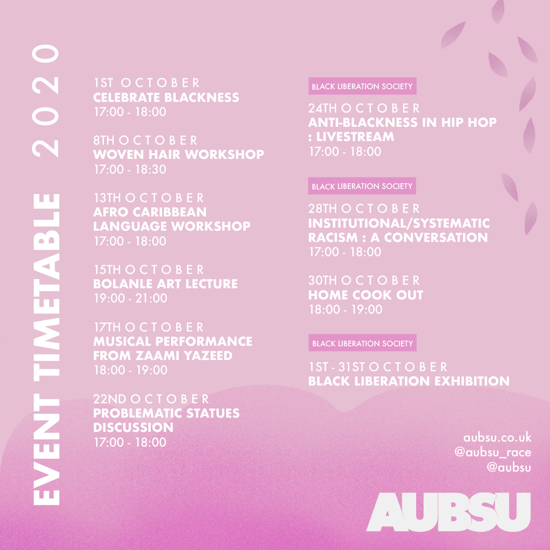 Black History Month 2020 💫 

Your Race Equalities Officer Julia is here to invite you to celebrate diversity, inclusivity and culture as part of Black History Month 2020. Check out our events ->
aubsu.co.uk/calendar/black…
#artsuniversitybournemouth #aubsu #blackhistorymonth