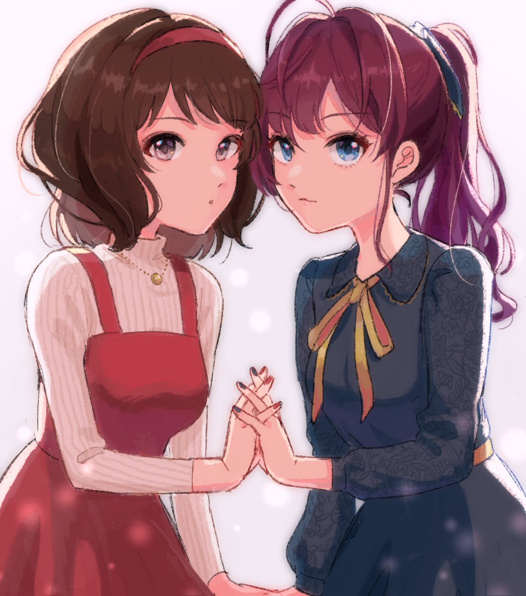 ichinose shiki multiple girls 2girls brown hair dress blue eyes ponytail holding hands  illustration images