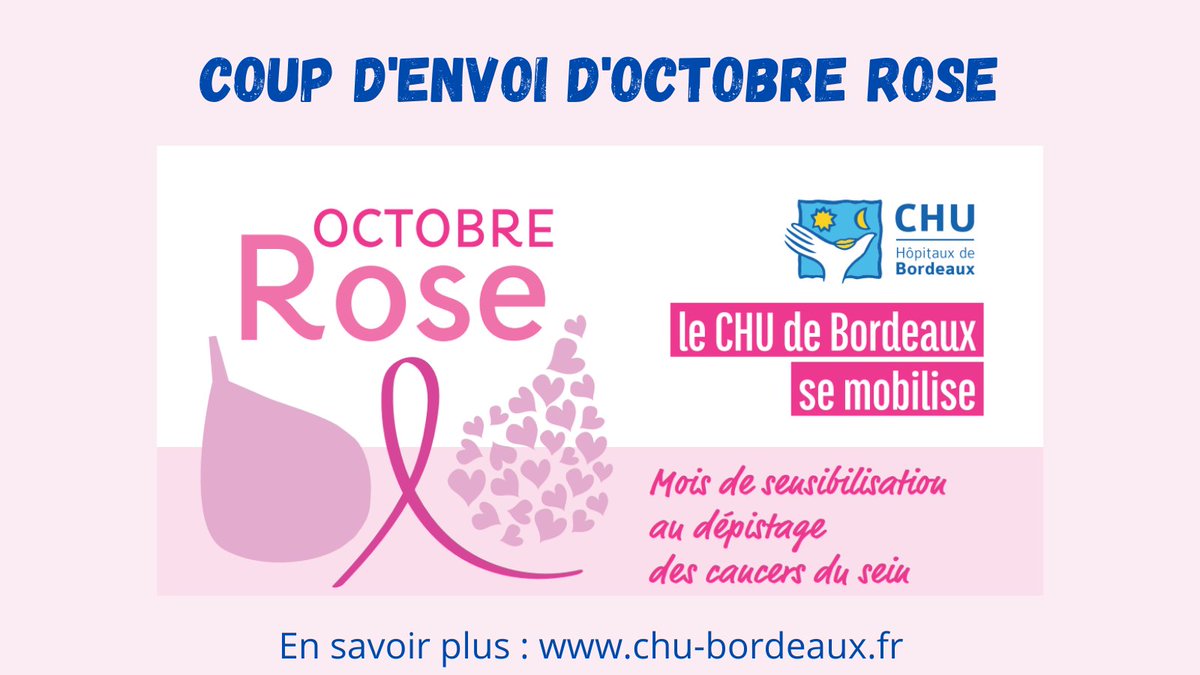 CHUBordeaux's tweet photo. [COUP D’ENVOI]📢#OctobreRose c'est parti ! Comme chaque année le @CHUBordeaux se mobilise pour sensibiliser à l’importance du dépistage du #CancerDuSein. 
Le programme des actions proposées a été adapté aux recommandations sanitaires actuelles #bordeaux
👉https://t.co/G1Urs7KZnX https://t.co/egc552hsRw