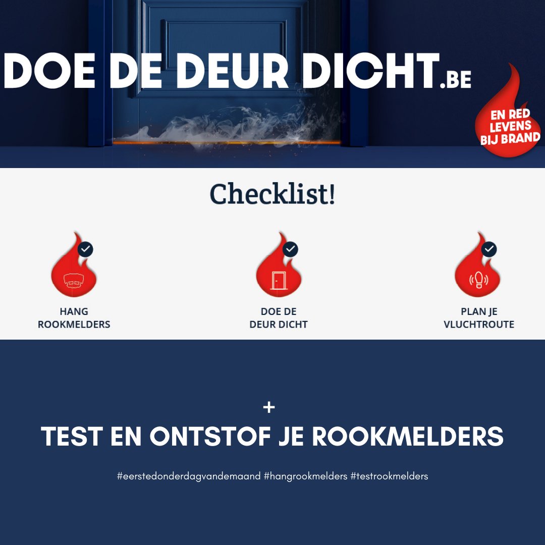 Deze levensreddende checklist wordt op de eerste donderdag van de maand aangevuld met volgende boodschap 👉 TEST EN ONTSTOF JE ROOKMELDERS ! telkens op de eerste donderdag van de maand. 📅 #DoeDeDeurDicht #redlevensbijbrand #hangrookmelders #testrookmelders #brandpreventie