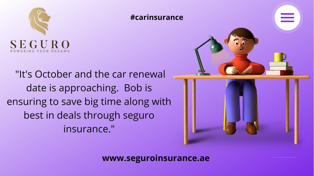SeguroPrivate's tweet photo. "Bob is excited to save time &amp; money this October on his renewal of car insurance."

Switch to Seguro insurance today and get exclusive deals on car insurance
Visit https://t.co/F2hOWg7iQd or call us at +97145096900

#seguroprivatewealth #seguroinsurance #carinsurance #timetosave https://t.co/KtNAOMKFos