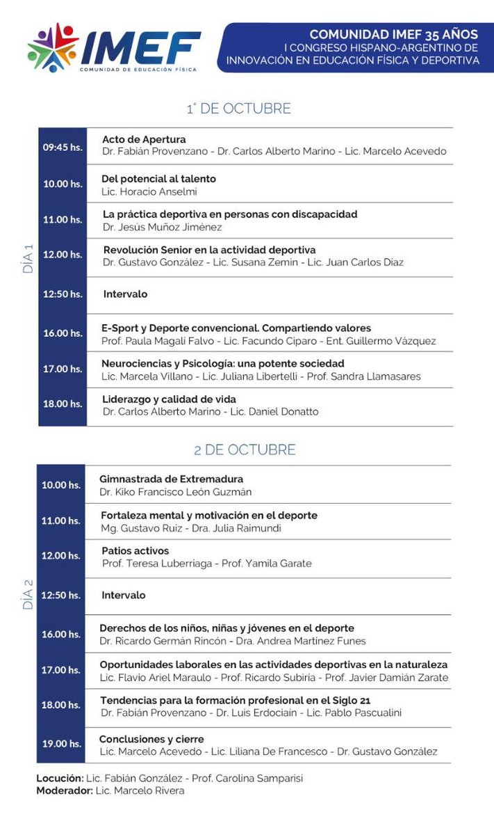 I Congreso Hispano-Argentino de innovación en Educación Física y Deportiva.Los días 1 y 2 de octubre, vía streaming.
Inscríbete en el siguiente formulario docs.google.com/forms/d/e/1FAI… 
Puedes seguirlo en los canales de Youtube youtube.com/channel/UC3Z3j… y Facebook facebook.com/ProfesoradoIMEF