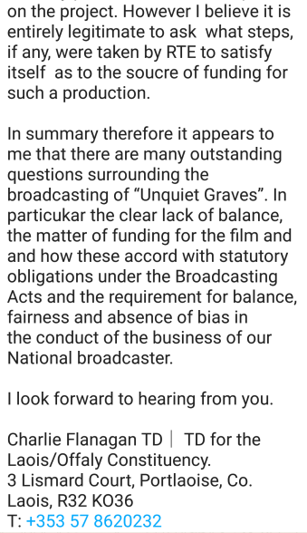 The letter of former Irish Minister for Justice and Minister for Foreign Affairs, Charlie Flanagan TD, to Jim Jennings, RTE's Director of Content, regarding RTE's broadcast of Unquiet Graves... (1/5)