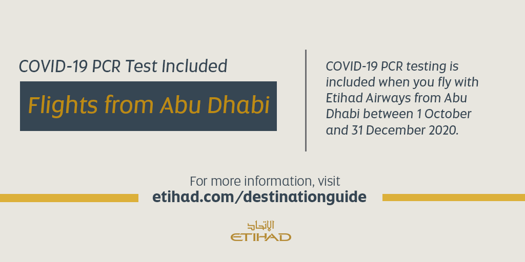 etihad's tweet photo. We've partnered with @lifedx to include COVID-19 PCR tests on all flights departing Abu Dhabi from today until 31 December 2020, giving you one less thing to worry about when you travel. For more info, visit: https://t.co/PgJFwaVa9u https://t.co/1GIOG0WZN2