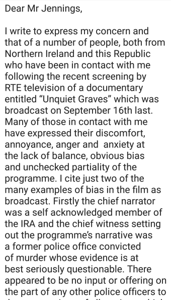 The letter of former Irish Minister for Justice and Minister for Foreign Affairs, Charlie Flanagan TD, to Jim Jennings, RTE's Director of Content, regarding RTE's broadcast of Unquiet Graves... (1/5)