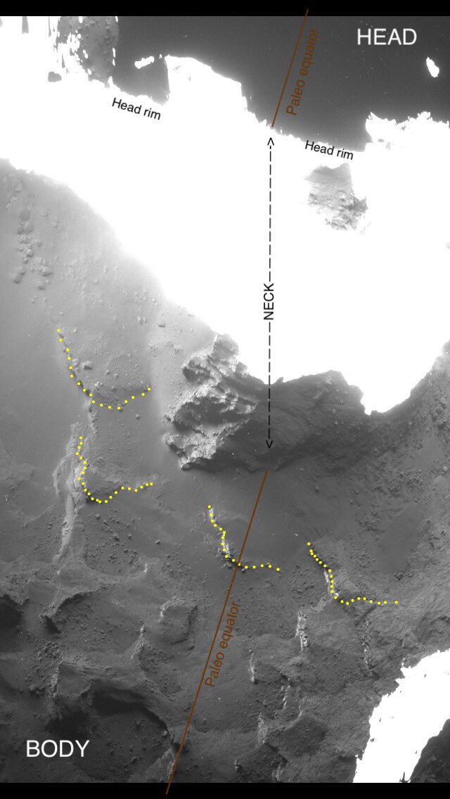 1-Thread: diversion of long axis forces around Anuket neck #67P stretched along its long axis as a single body before splitting to 2 lobesAs the neck herniated, the long axis forces were diverted around the end of the incipient neck i.e. where Anuket was extruded from the body