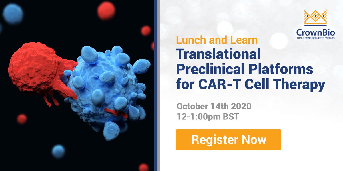 crownbioscience's tweet photo. Register now at https://t.co/5og00CmI58 for our upcoming virtual #LunchandLearn Seminar to explore #patientderived #organoid and xenograft models as translational platforms for preclinical #CARTcell therapy evaluation https://t.co/80Wv91pB6C
