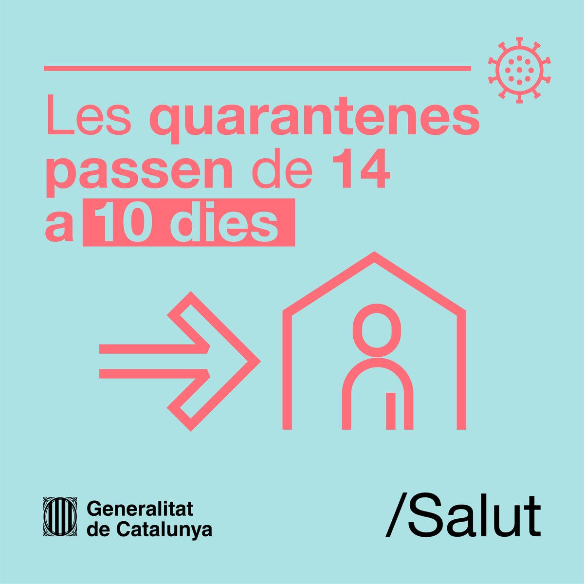 salutcat's tweet photo. 📢 Les quarantenes són de 10 dies. L’objectiu? Que més persones la compleixin els dies en què és més probable desenvolupar la COVID-19.

📅 Del dia 10 al 14: minimitzeu els contactes, autoconfineu-vos i aviseu el professional sanitari si apareixen símptomes. https://t.co/ibRaqKAPnJ
