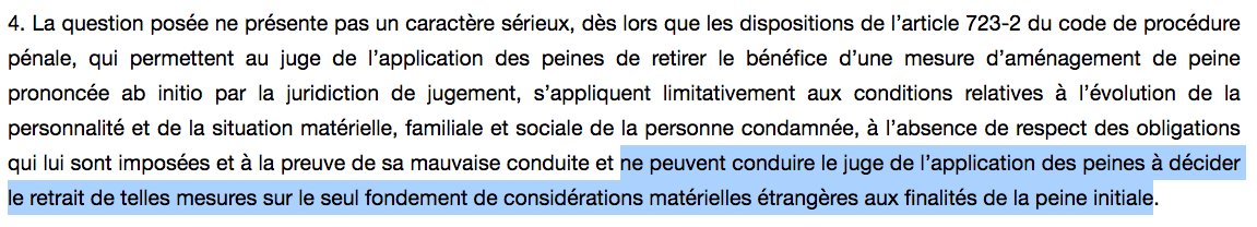 N_Hervieu's tweet photo. Droit de la peine : La @Courdecassation juge qu'une mesure d’aménagement de peine (ab initio) ne peut être retirée "sur le seul fondement de considérations matérielles étrangères aux finalités de la peine initiale"

Tel le manque de places disponibles.

=> https://t.co/bYDdRXeWwt https://t.co/wZGInZRJeV