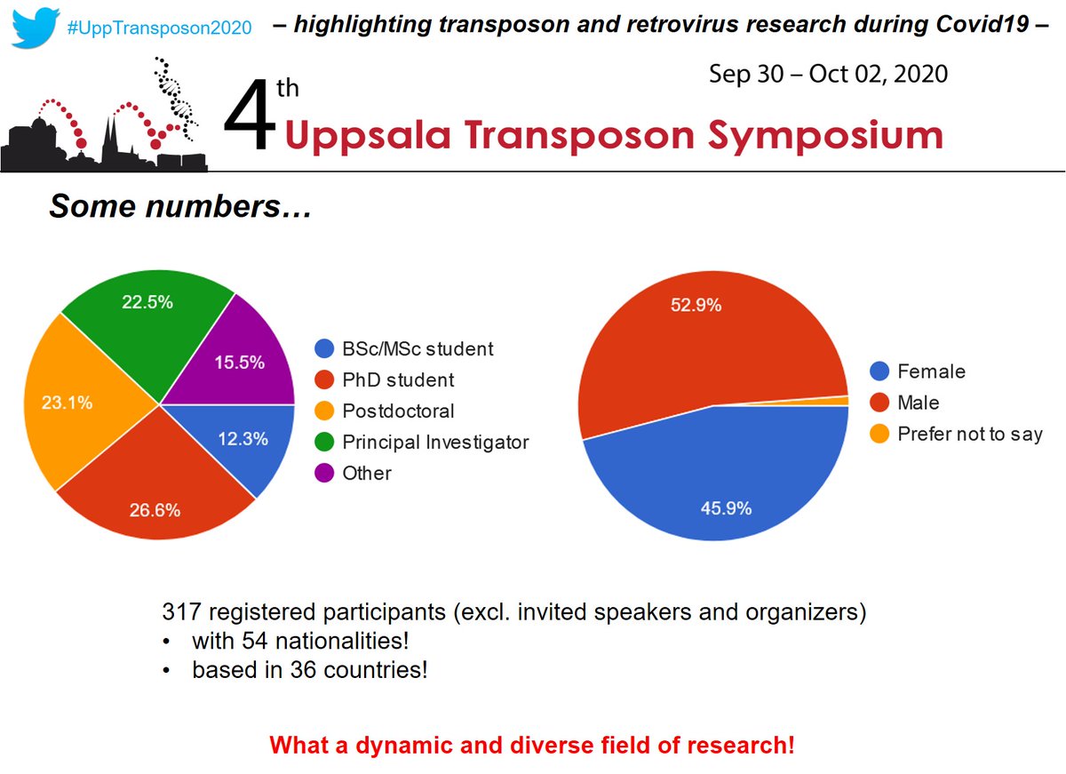 The second day of #UppTransposon2020 will begin in 30 minutes! Lots of exciting talks and posters, today more on #retrovirus but also #transposon research. What a diversity of research and researchers! Seeing how many ECRs are participating, our field has a bright future!