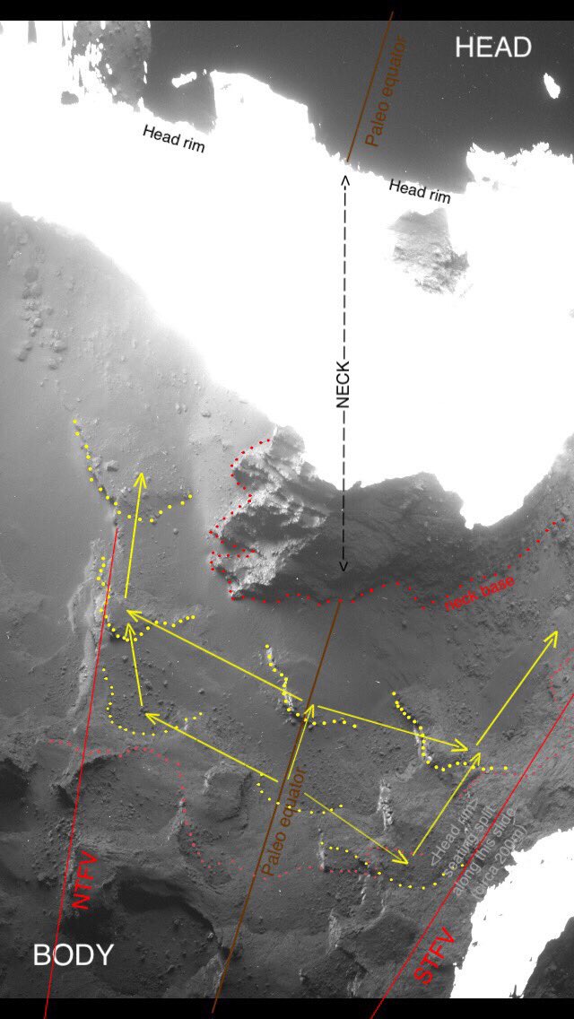 4- showing the ‘shear line’ on the body which is the line along which the head rim sat. It’s in terracotta dots. The head rim is labelled- it almost follows the stark light/shadow line (but not quite). Note gap in shear line commensurate with the layer that recoiled #67P