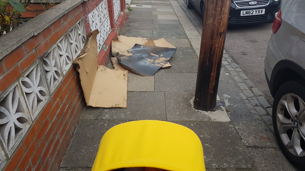 Some barriers aren’t the fault of the design of the streets. Fly-tipping and litter can also narrow the space available, especially when it’s next to other street ‘furniture’ like a lamp post [6/9]