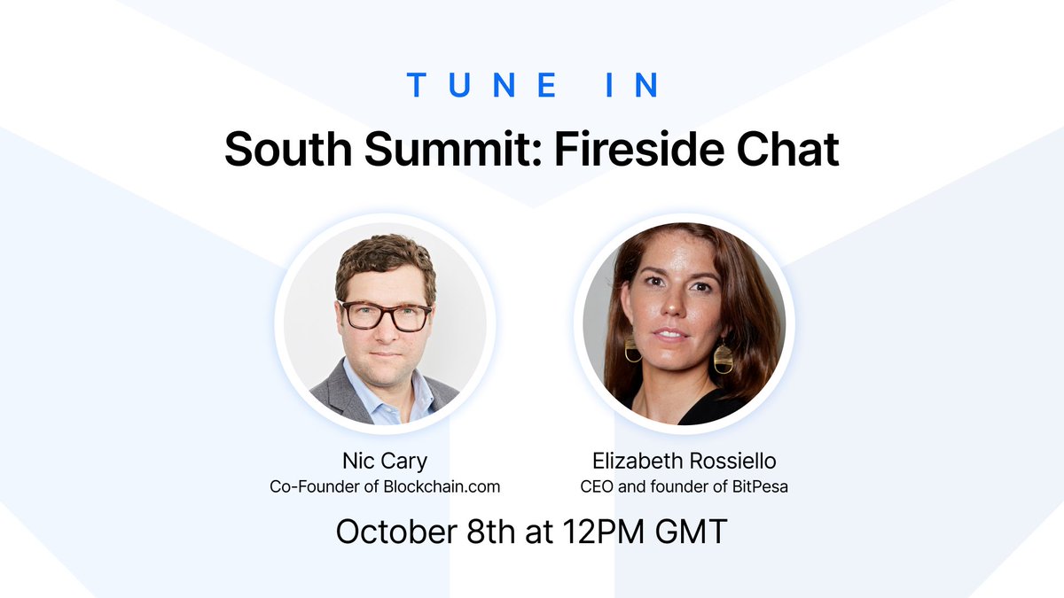 blockchain's tweet photo. Tune in October 8th @ 12:00pm GMT as @niccary sits down with BitPesa's CEO &amp; Founder @e_rossiello in a unique fireside chat. 🗣️  You won't want to miss it!

Register for free today: https://t.co/rvJZ8t1N1b https://t.co/eycNGzHHmJ