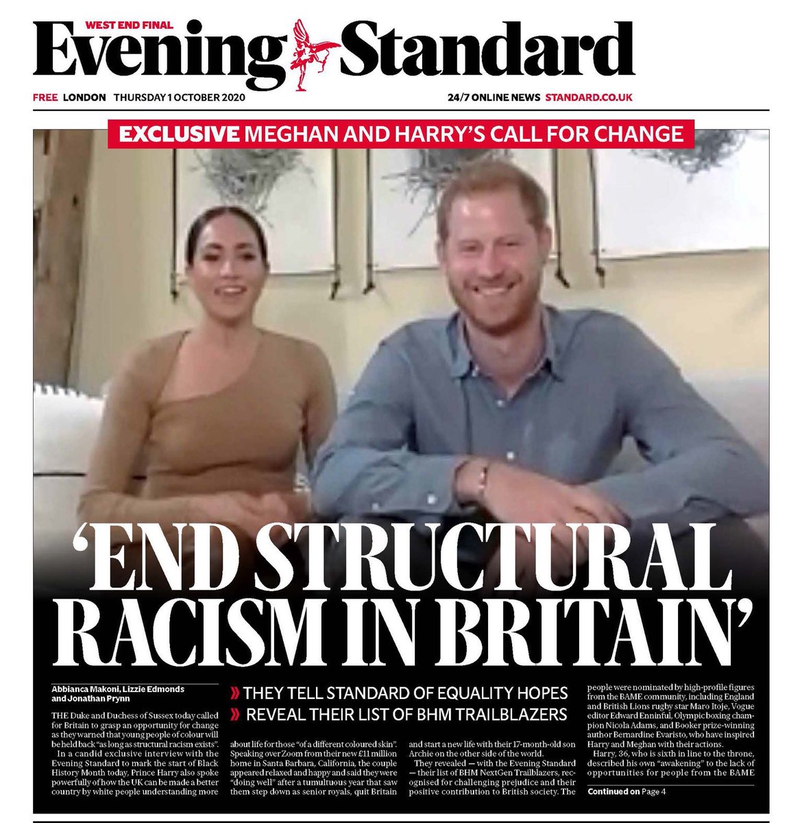 Prince Harry and Duchess Meghan are marking the start of the UK’s  #BlackHistoryMonth   with a major call for change. In an interview with the  @EveningStandard, the Sussexes share their hopes for racial quality and to “end structural racism in Britain.”