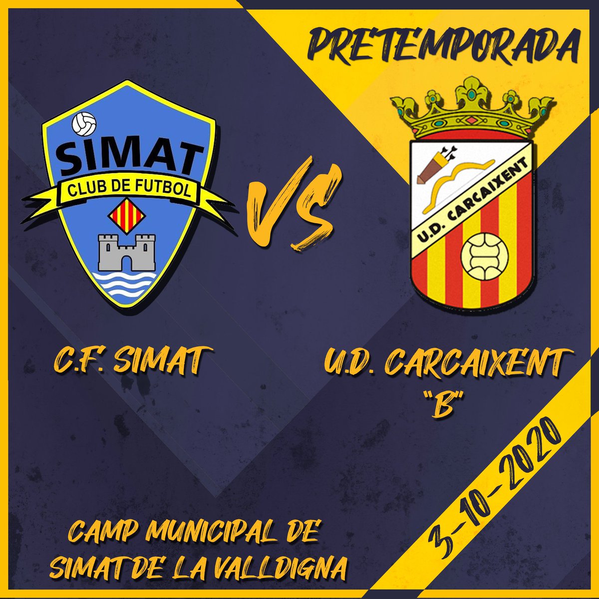 🏟️ El pròxim dissabte, a les 18:30 i al Camp Municipal de Simat, podrem presenciar un nou partit de pretemporada del nostre equip, i serà contra la <a href="/UDCarcaixent/">UD.CARCAIXENT</a> "B"! 💛💙⁣
⁣
🧴Recordeu respectar totes les mesures sanitàries!

#Pretemporada #Simat #Regional