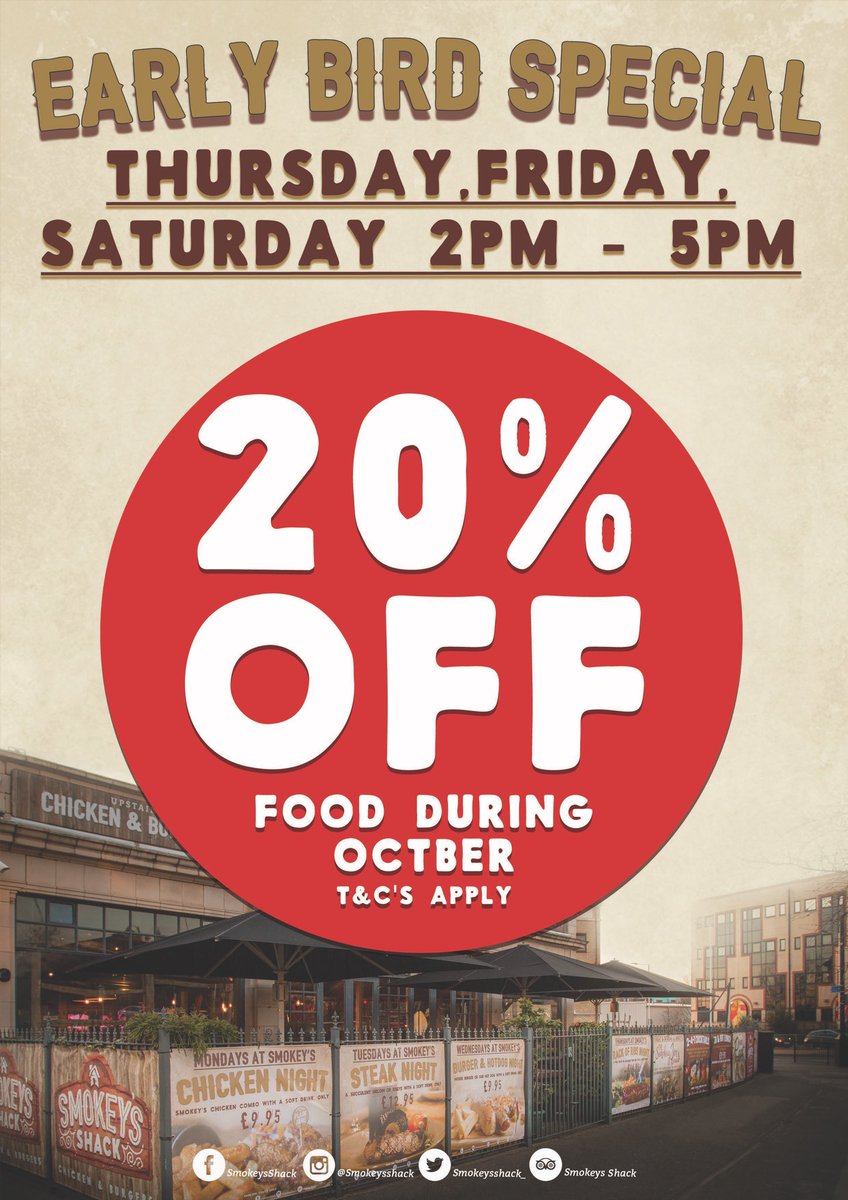 October Early Bird Special! 
Enjoy 20% OFF your food, Thursday, Friday &amp; Saturday, 2pm - 5pm. T&amp;C’s apply.

Book now - 01708 743167 

.
.
.
.
#smokeysshack #offer #specialoffer #foodoffer #essex #restaurant