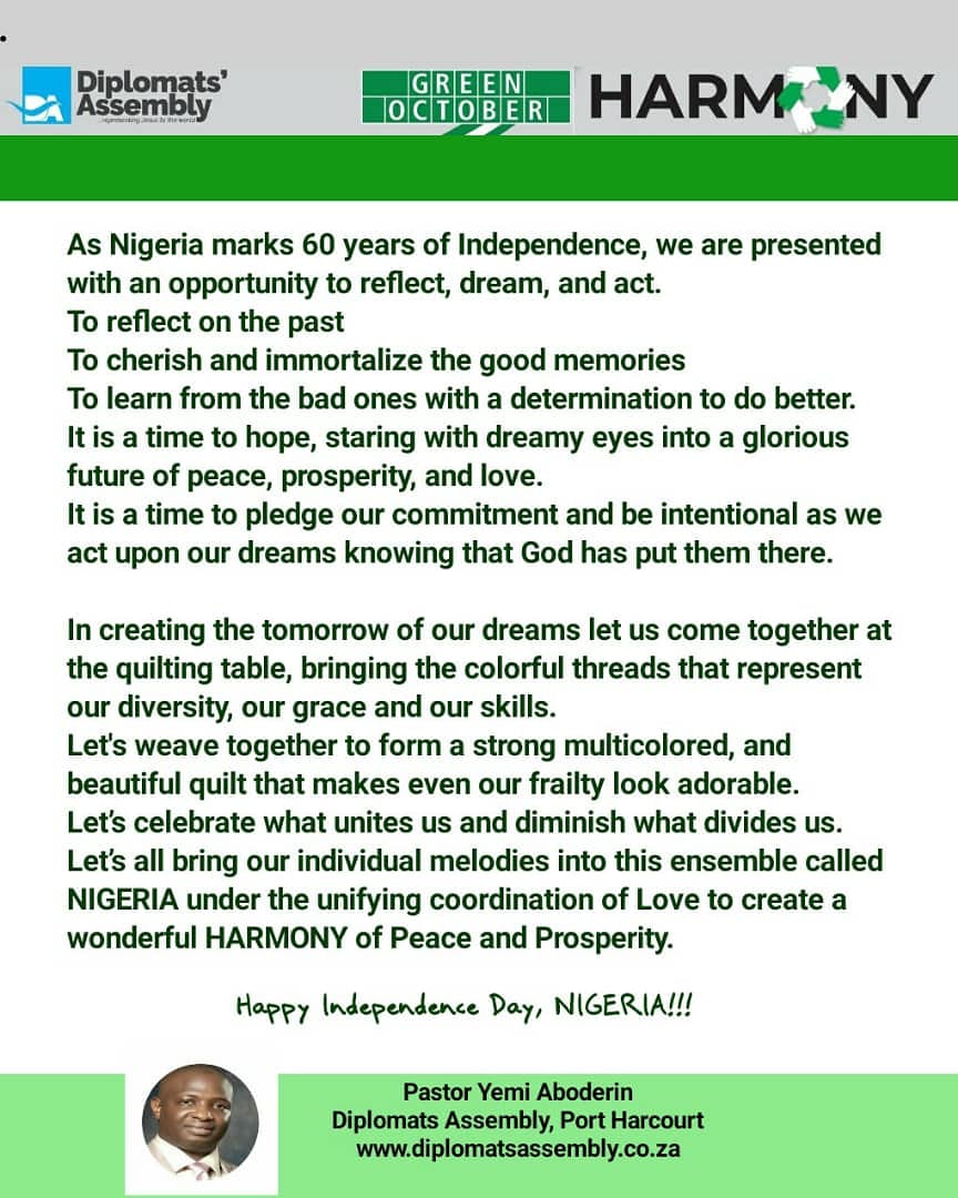 diplomatsassem1's tweet image. Happy Independence Day Nigeria. We are a blessed people.

#60thanniversary 
#independenceday 
#DiplomatsAssemblyChurch
