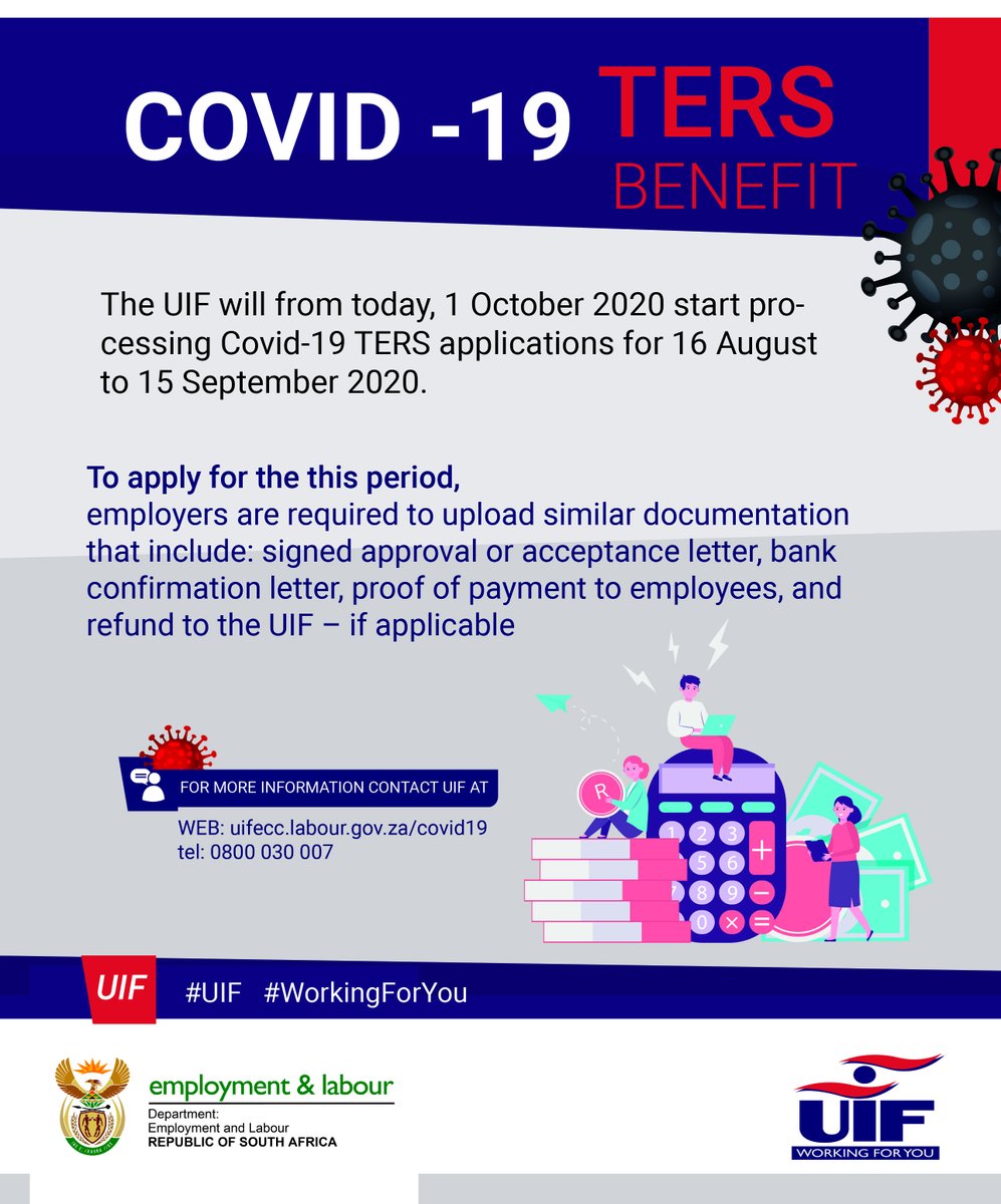The UIF will from today, 1 October 2020, start processing #Covid19TERS applications for 16 August to 15 September 2020. #UIF #WorkingForYou #StaySafe