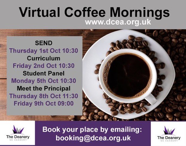 Thank you to all the parents/carers who joined us this morning for our first virtual coffee morning. 

If you are a prospective parent, join us tomorrow for our Curriculum  Virtual Coffee morning, starting at 10:30.

To book your place, please email booking@dcea.org.uk