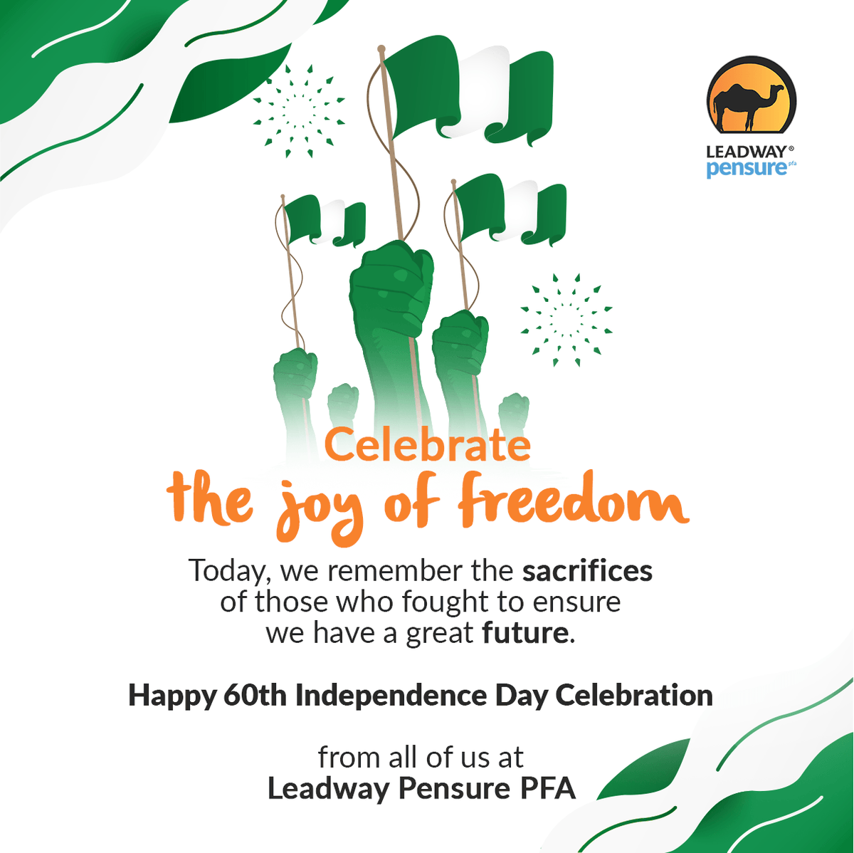 LeadwayPensure's tweet photo. Happy In dependence Day Nigeria! It is a goal to be independent at 60 and beyond! https://t.co/9oANhEWfon