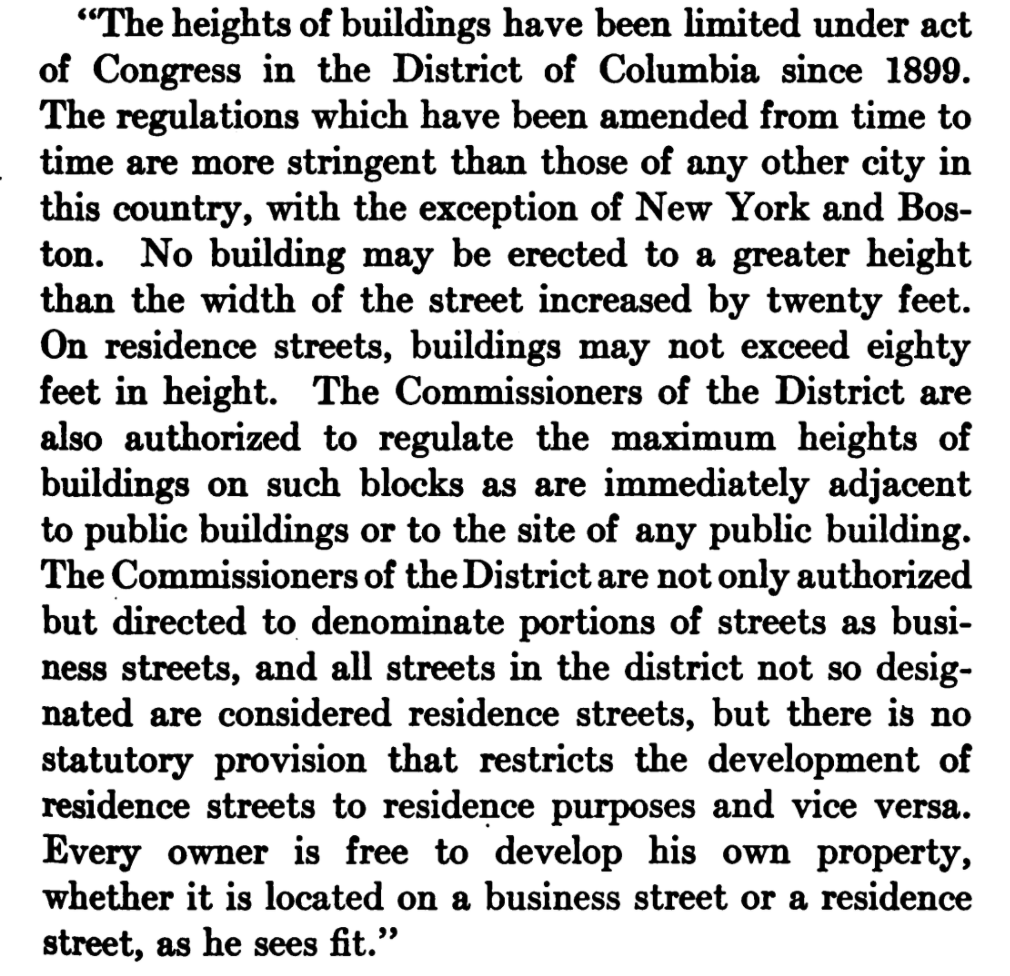 Interesting, in 1917  @washingtondc the height regulations are complicated, and the Washington Monument is not mentioned. It's all about street widths, a flat 80 foot cap on "residence streets" or street width plus twenty or whether you're next to a "public building"