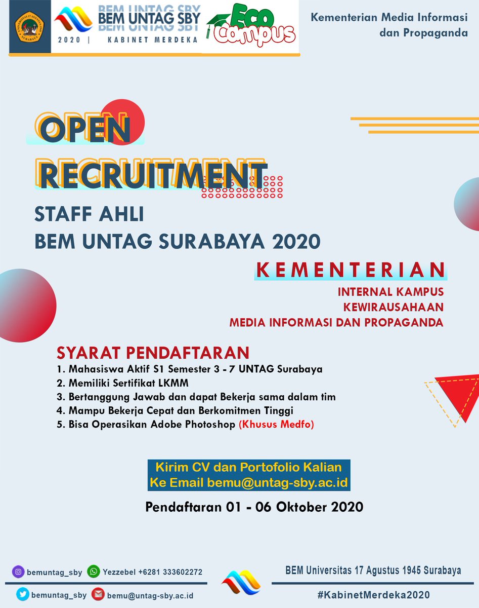 [OPEN RECRUITMENT]

Salam Mahasiswa !

Hallo Kami dari BEM UNTAG Surabaya sedang membuka open recruitment dari beberapa kementerian.
Untuk kalian yang mau bergabung dengan kita yuk cek informasinya diatas!

Responsif • Kritis • Progresif