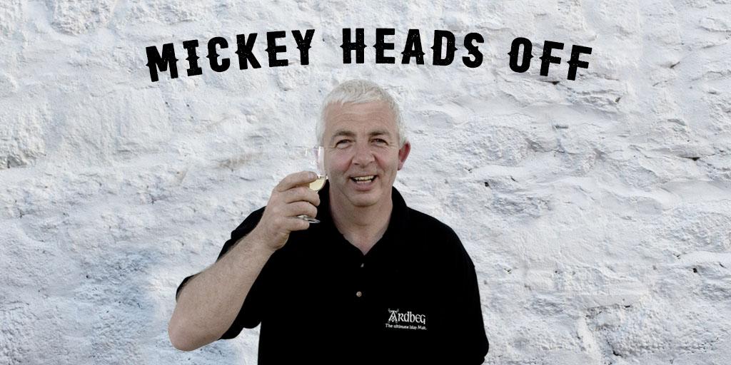 Ardbeg's tweet photo. After 13 whisky-filled years as Ardbeg’s Distillery Manager, the time has come for our beloved Mickey Heads to retire. He leaves us with barrel loads of memories – and great whisky. We’ll miss you, Mr Heads! #MickeyHeadsOff #DistilleryManager #Ardbeg #DrinkResponsibly https://t.co/00C2jAFBVL