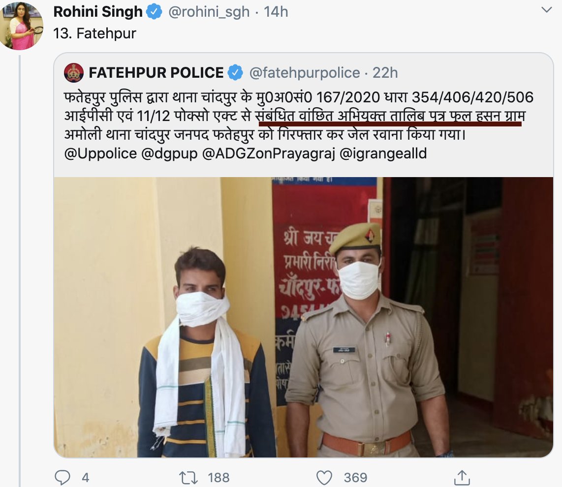 Another Gem from the persecuted Community, Rohini did not mention since he also raped a minor and was booked under the Posco act. Rapist's name is Muhammad Talib Hasan S/o Phool Hasan Religion - unknown caste - unknown 3/15 @swati_gs  https://twitter.com/rohini_sgh/status/1311396782216101888?s=20