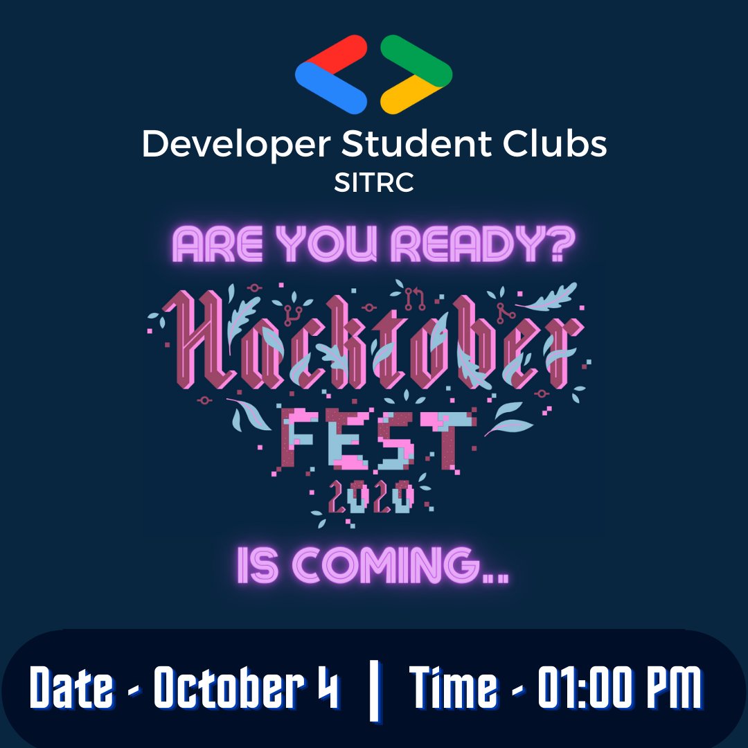 dsc_sitrc's tweet photo. In the event, you will get to know all about the fest how you can complete the challenge in time. How to receive amazing swags?
Register:https://t.co/2sBYnYknQP
#DeveloperStudentClubs
#dsc_sitrc
#Hacktoberfest 
#googledevelopers https://t.co/TmHTLzZwPf