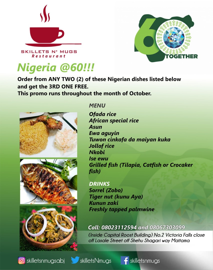 SkilletsN's tweet photo. Promo begins today, don't miss out. Happy independence anniversary to our great nation #nigeria #NigeriaAt60 from we @Skillets N' Mugs. @AyoOyalowo @etinmagbe @AjuriNgelale @NGRPresident @hajjo_isa @Olorienem @gbengasaka @cbngov_akin1 @AbiodunEssiet @abikedabiri @abiodunosemobor https://t.co/hjiViVEccK