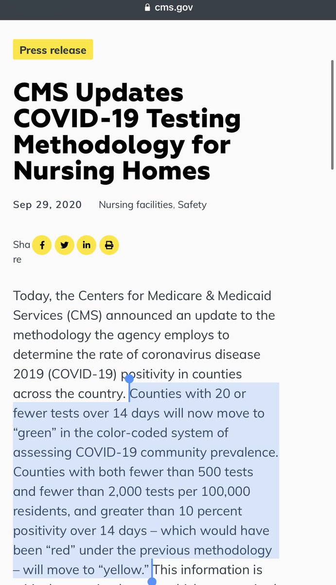 BLOODY HELL—Trump’s CMS is now changing  #COVID19 positivity ratings & muzzling bad numbers. How? If a rural county has <20 tests over 14 days, it will now ALWAYS be “green”—*regardless of positivity*! Result: more ‘green’ & lower nursing home testing.  http://www.cms.gov/newsroom/press-releases/cms-updates-covid-19-testing-methodology-nursing-homes