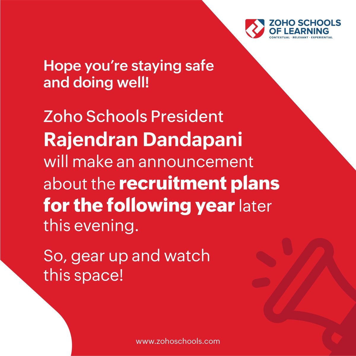 ZohoSchools's tweet image. 🔊  Keep your eyes peeled and your feed refreshed for an important announcement coming up this evening!

#zohoschools #admissions #announcement