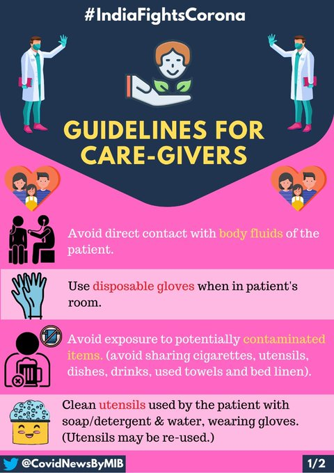 COVIDNewsByMIB's tweet photo. #IndiaFightsCorona: 

📍Guidelines for Care-Givers 👇

➡️Avoid direct contact with body fluids of the patient 
➡️Use disposable gloves when in patient's room
➡️Clean hands after handling used items 
➡️Use triple layer medical mask 

#StaySafe #IndiaWillWin https://t.co/0mwv3Enqmq